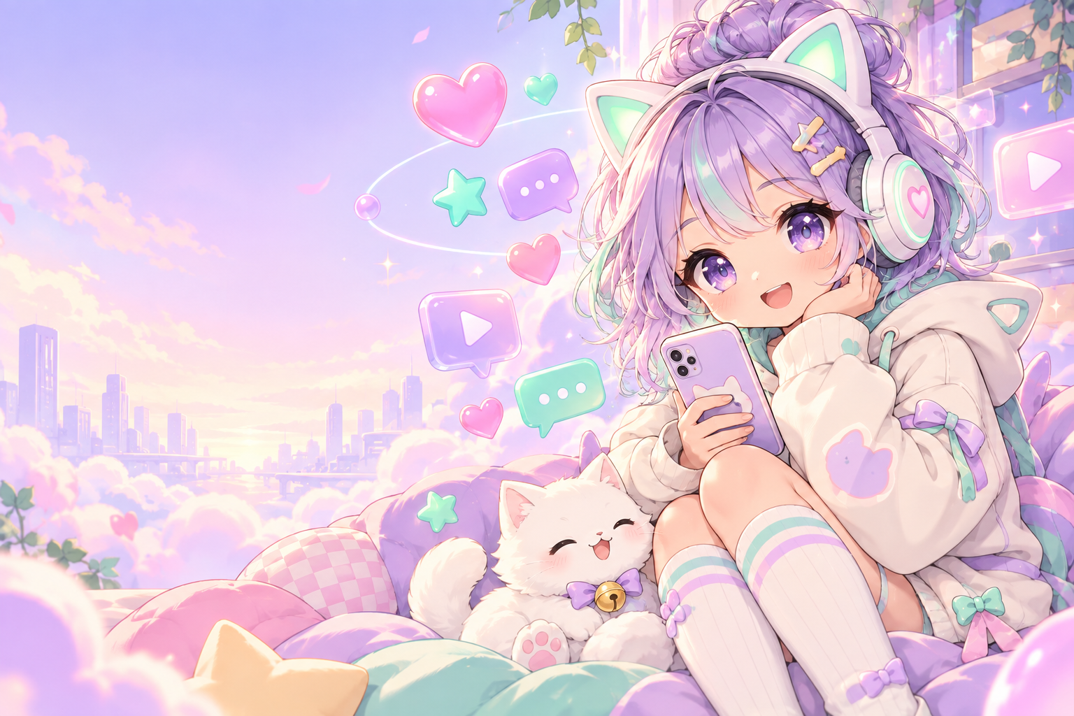Nhân vật anime trong không gian sáng tạo BonzVIP với biểu tượng nội dung và mạng xã hội